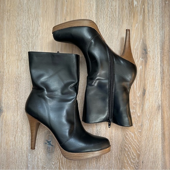 Vintage 90's Y2K Black Ankle Boots Faux Wood Platform Heel Booties - Size 8 - Picture 2 of 16